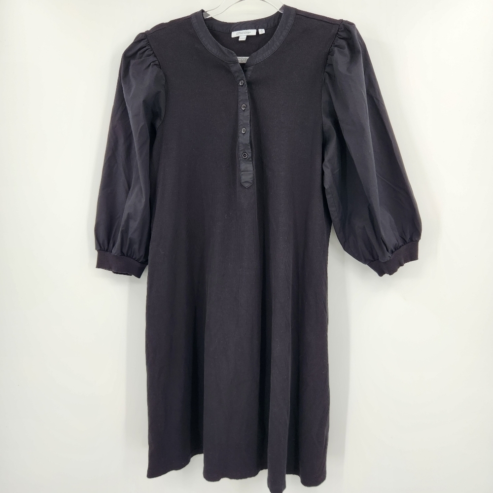 Chicos 3 Henley Ribbed Puff Sleeve Dress Womens Size XL Black Stretch